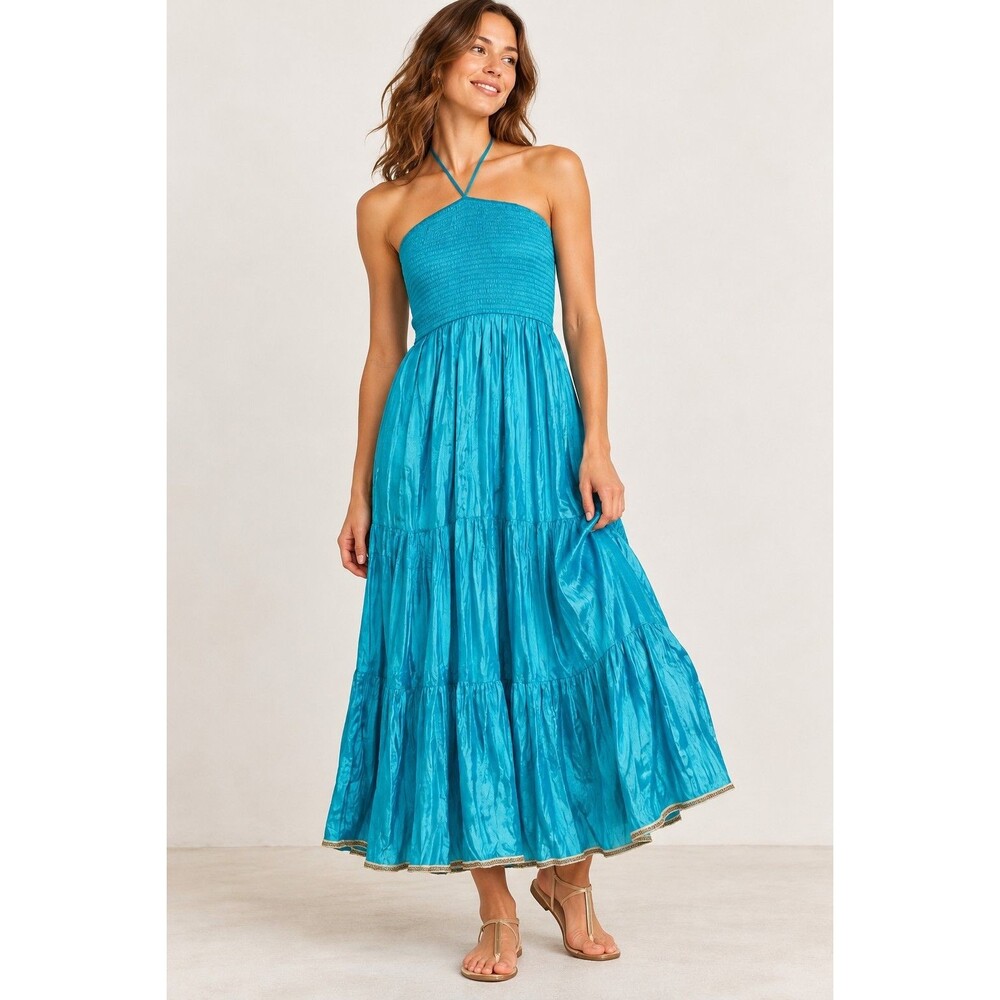 NWT Maeve Anthropologie Daleka Dress XS Blue Silk Smocked Halter Tiered Maxi
